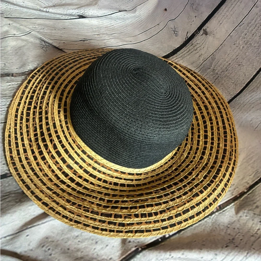Nine West Women’s Animal Print‎ Wide Brimmed Straw Beach Vacation Sun Hat GUC